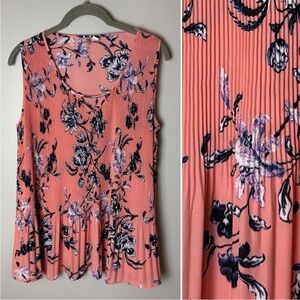 CATO Est 1946 Sleeveless Blouse Size Large Top Floral Pleated Pink Navy Blue